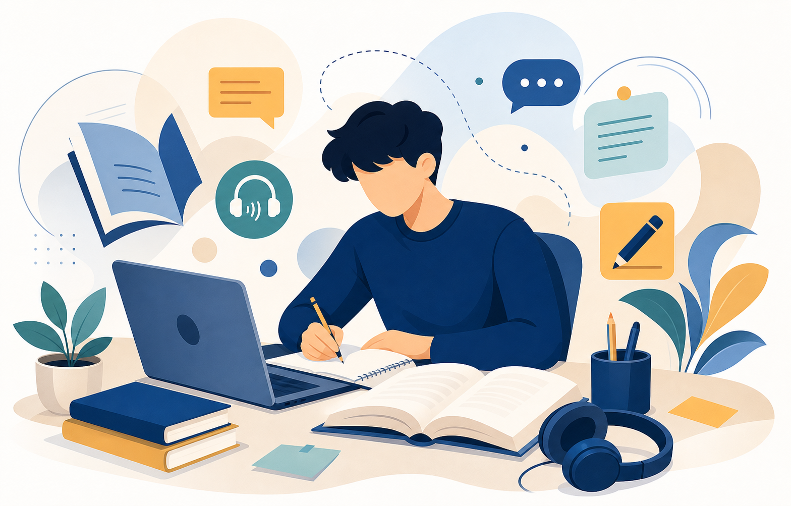 Abstract IELTS study illustration with books, laptop, and learning icons